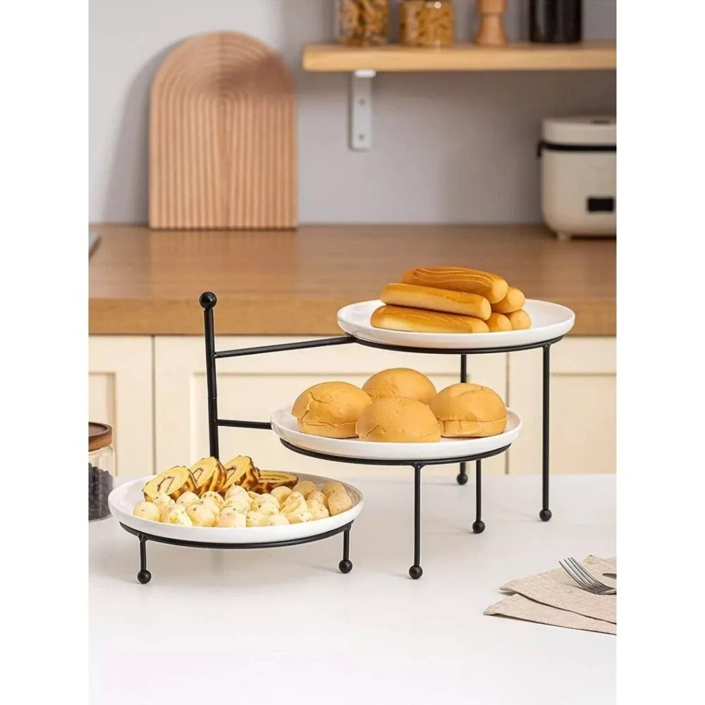 Kanwone 3 Tiered Serving Stand with White Porcelain Plates, 10 Inch,
